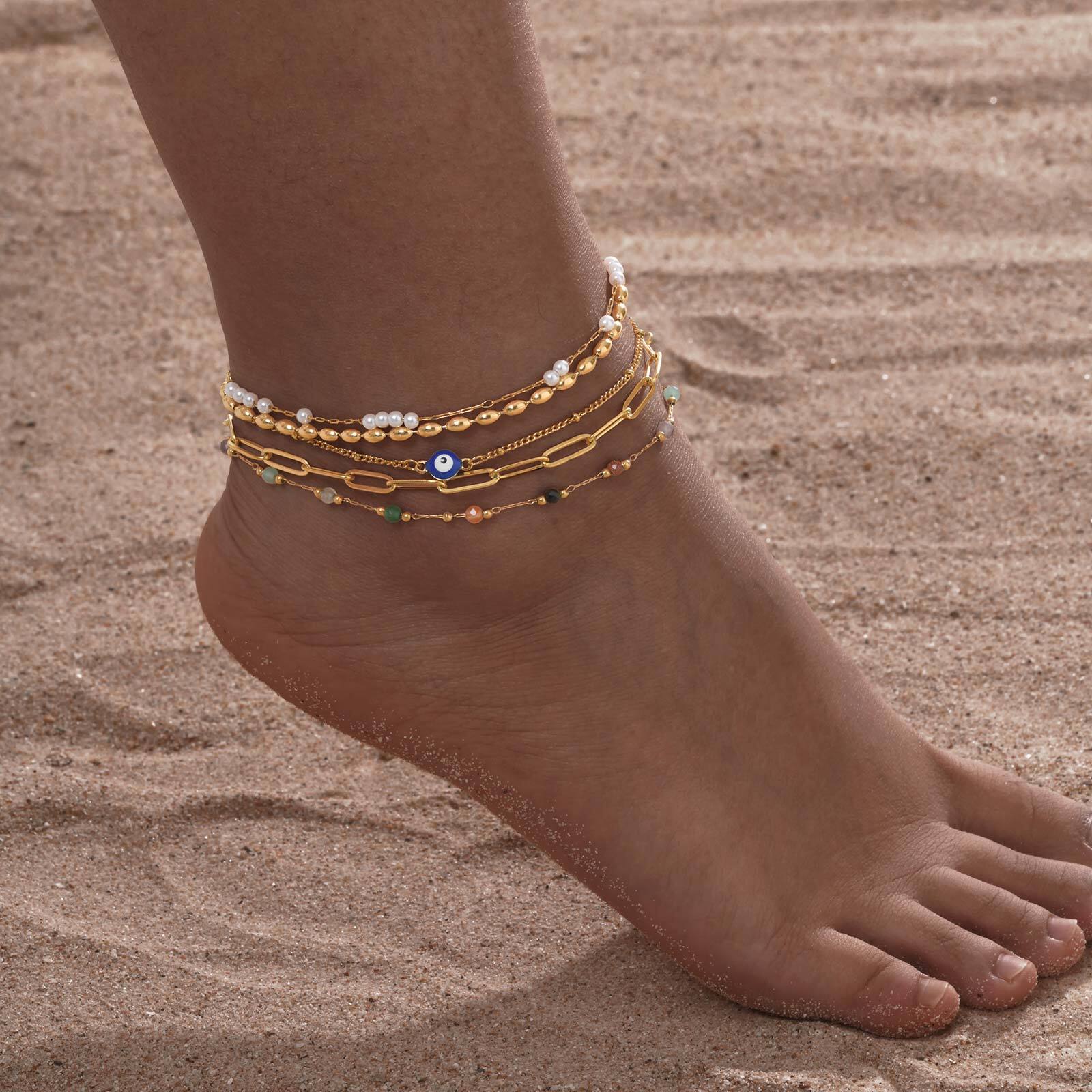 Jc Jewelry & Watches - Vergoldetes mehrlagiges Fußkettchen-Armband für Damen, wasserdichte